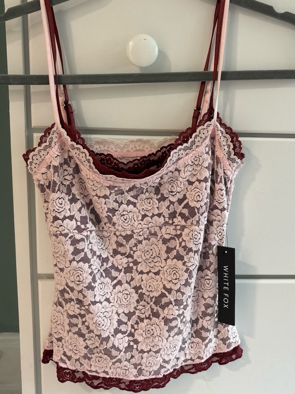 White Fox Boutique Pink Lace Cami with Maroon Trim